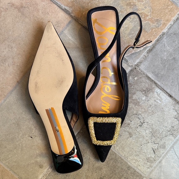 Sam Edelman Black Suede Pointed Slingback Flats with Gold Glitter Buckles - Picture 2 of 5